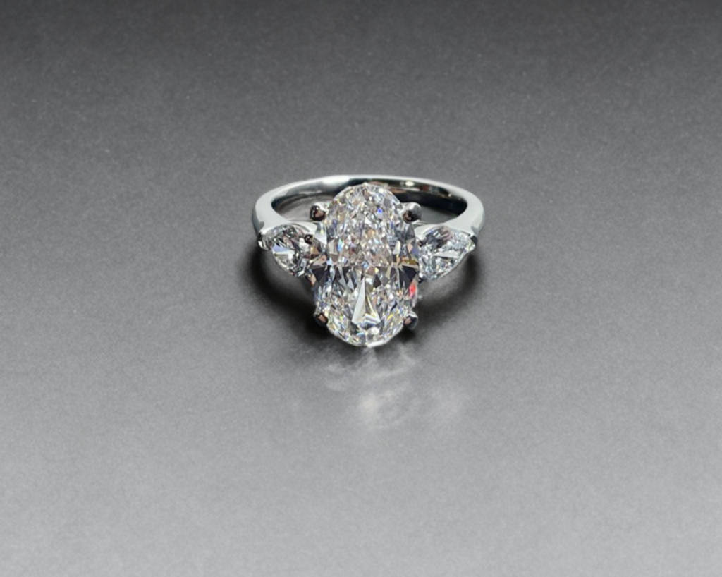 #22#5.02ct E VVS2 オーバル 三石デザインラボダイヤリング｜無改色・IGI認定ダイヤ × PT950リング