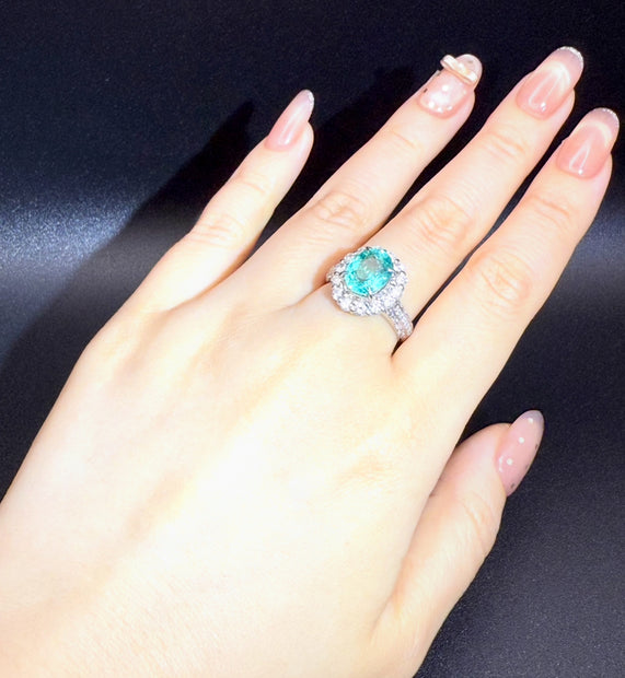 #30#2.41ct 天然パライバトルマリン×フラワーハローリングリング ｜無改色・IGI認定× PT950リング