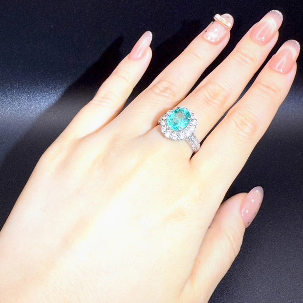 #30#2.41ct 天然パライバトルマリン×フラワーハローリングリング ｜無改色・IGI認定× PT950リング
